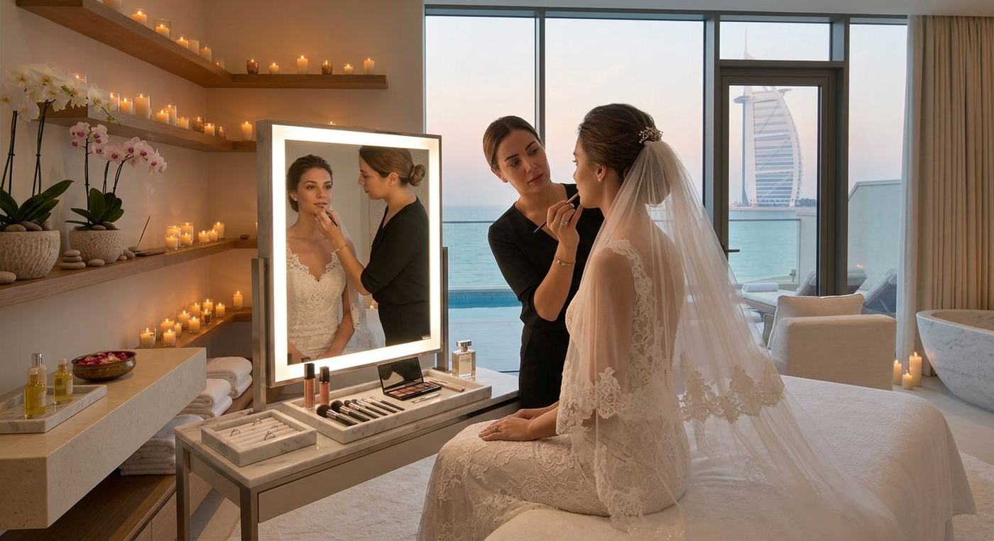 A bride receiving her final touch-ups before the ceremony