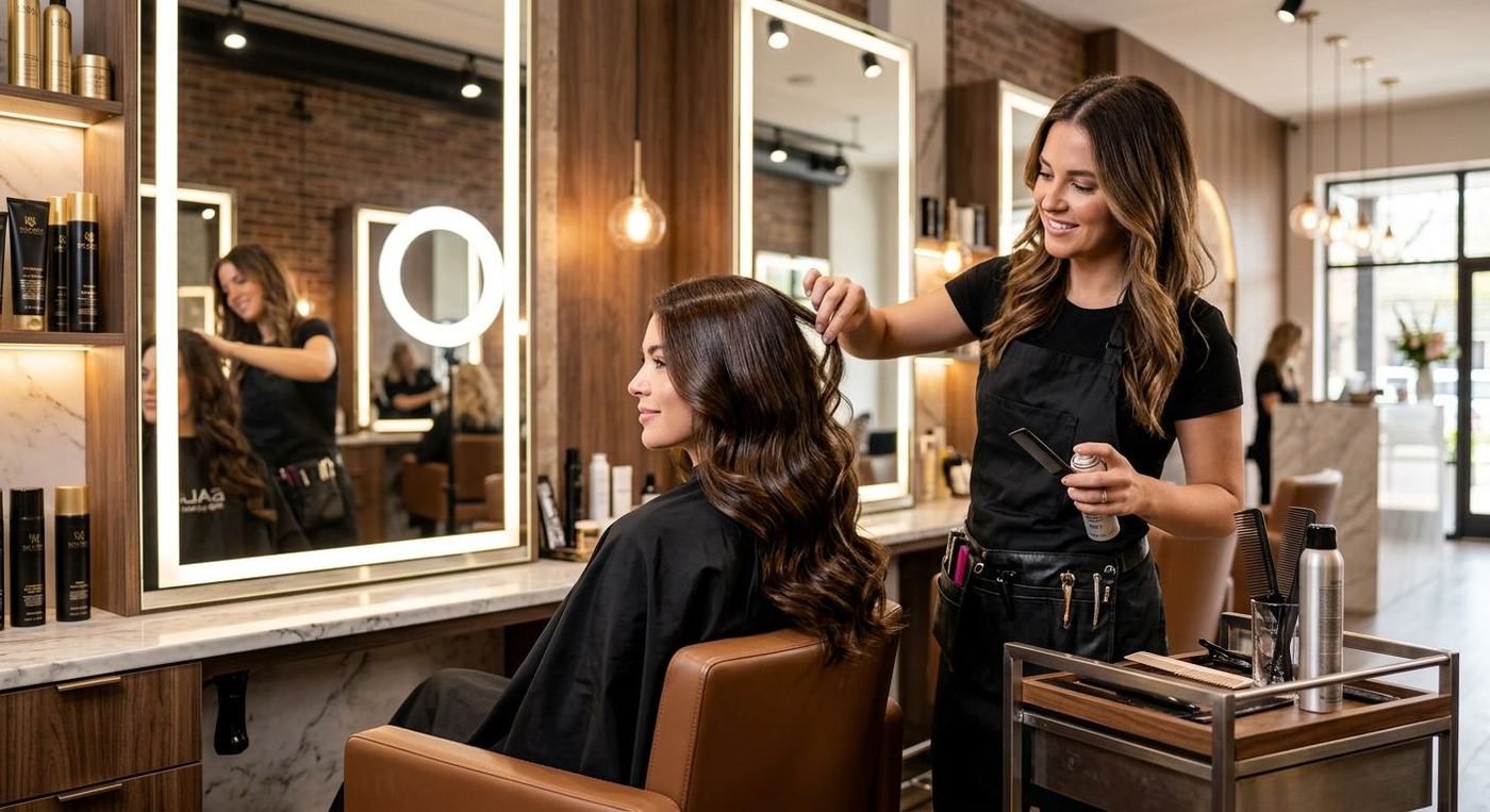 A stylist adding finishing gloss to glossy hair in the GlowPlus studio