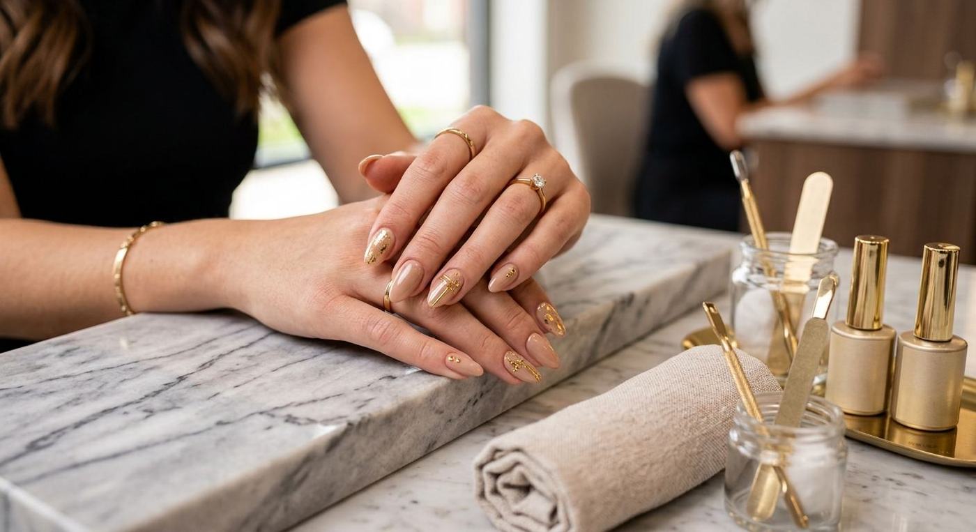 Elegant gel manicure with gold nail art at the nail atelier