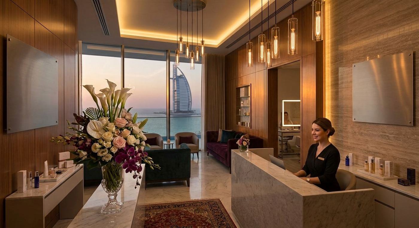 The elegant GlowPlus reception lounge with warm lighting