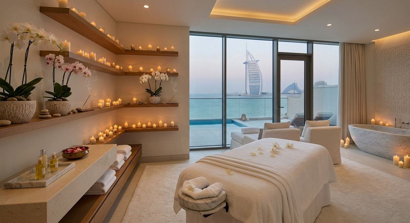 Serene spa suite with candles, orchids and plush linens