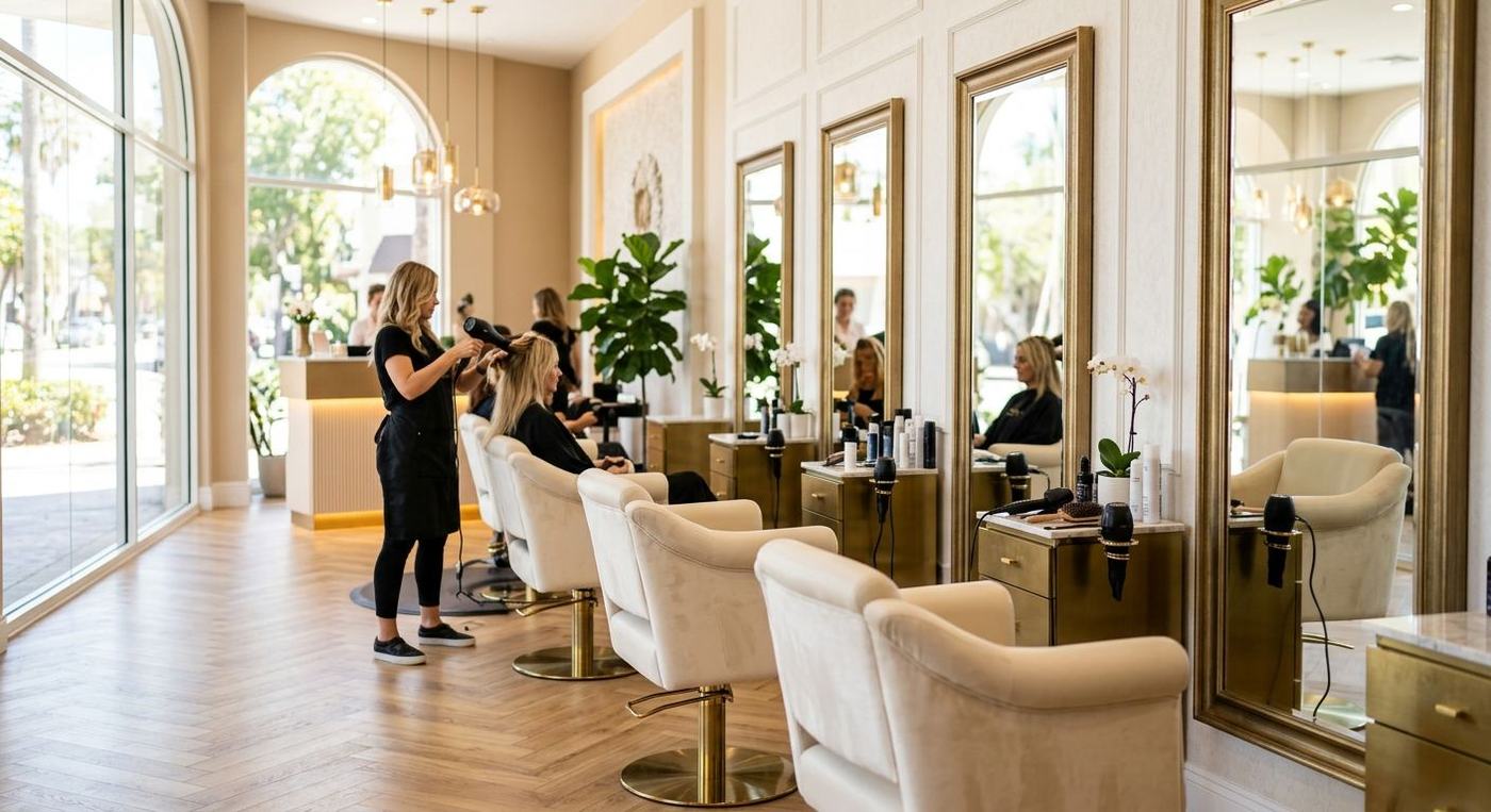 Interior of the GlowPlus Beauty salon with plush styling chairs