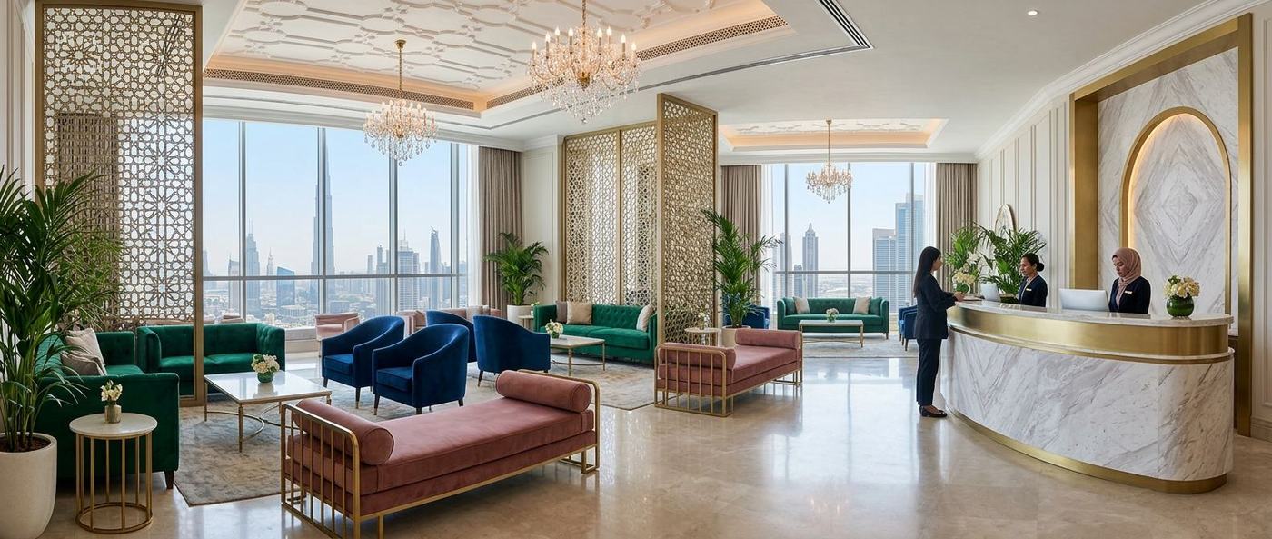Panorama of the elegant GlowPlus Beauty reception and lounge