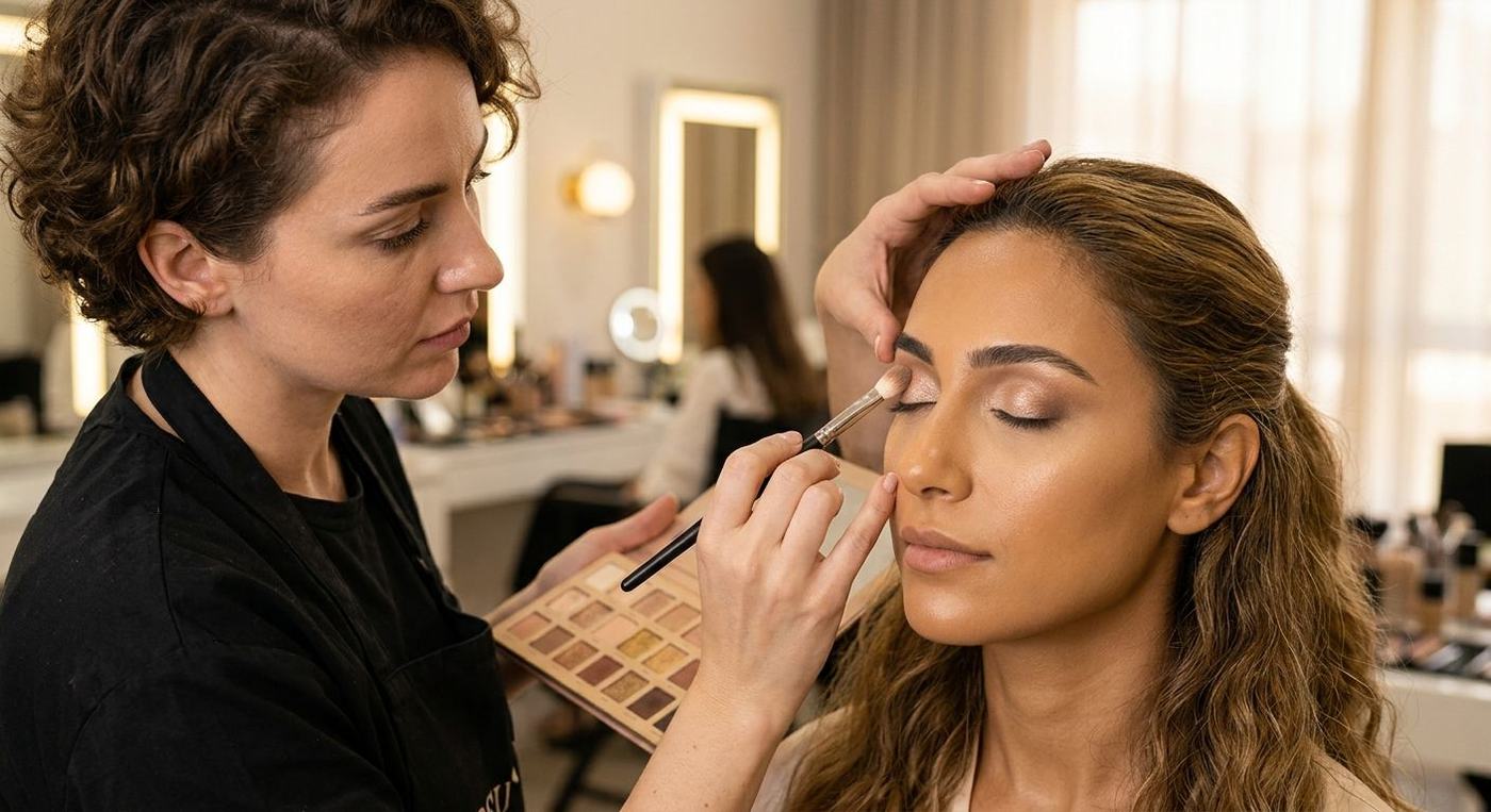 Soft glam makeup application in progress