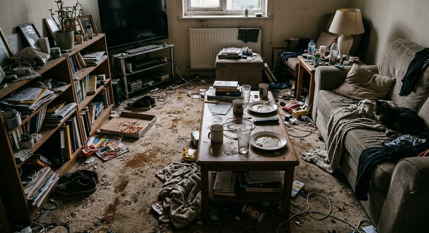 The same living room before deep cleaning