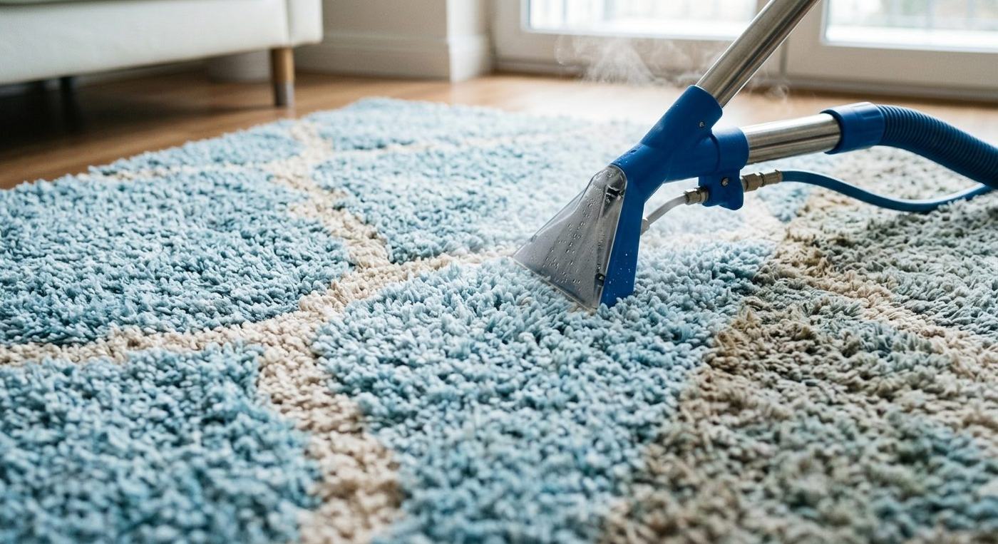 Revived carpet after steam extraction cleaning