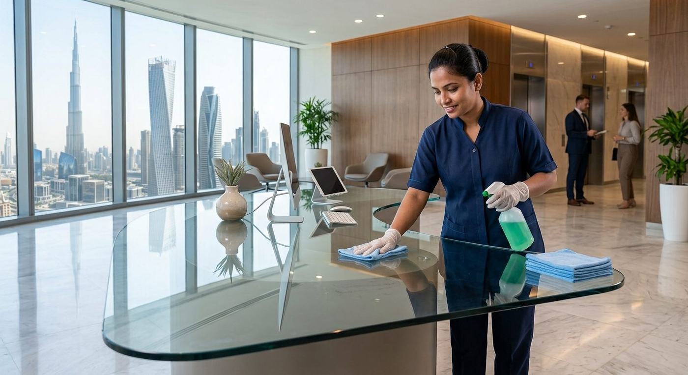 CleanSurface commercial cleaners polishing a modern office workspace in Dubai
