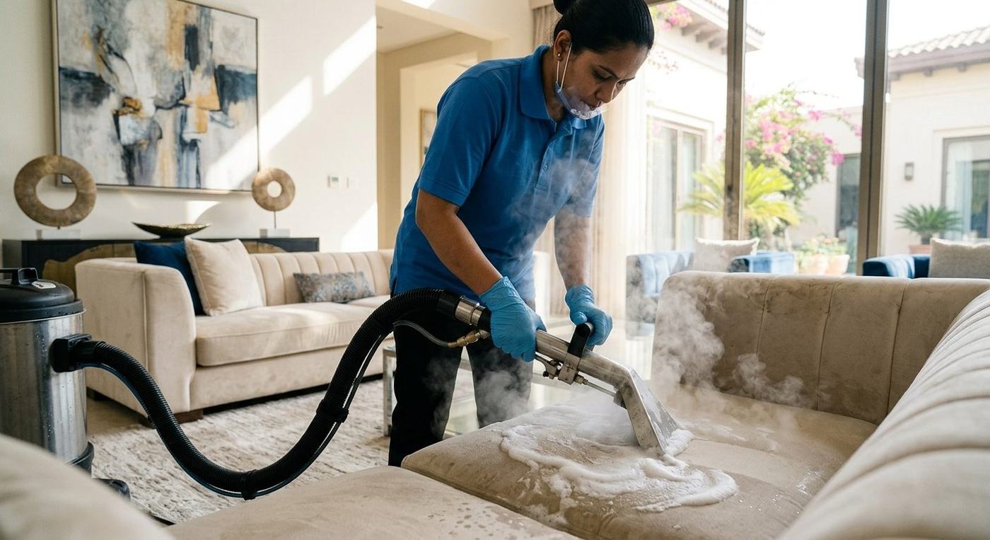 Steam cleaning of a fabric sofa using professional extraction equipment