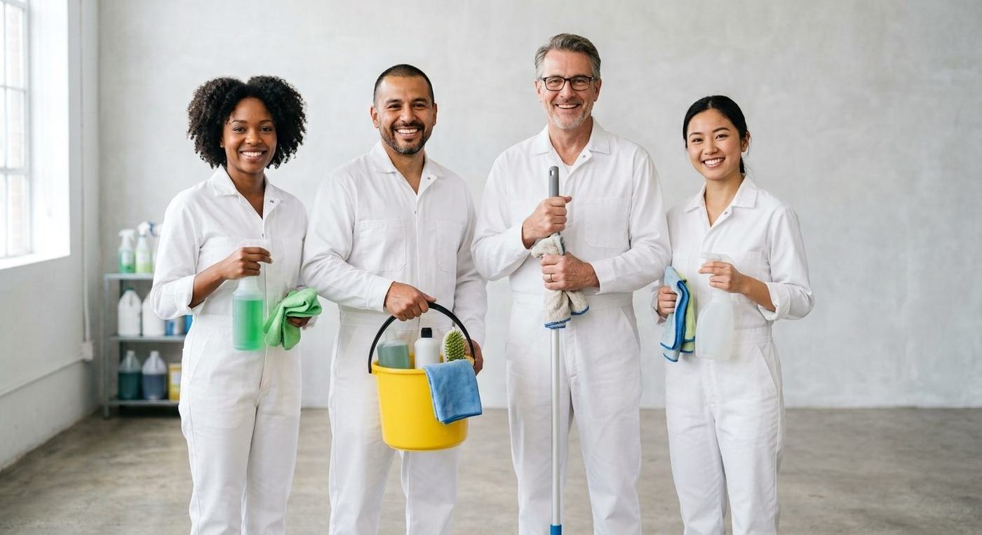 CleanSurface cleaning professionals in uniform holding eco-friendly cleaning equipment