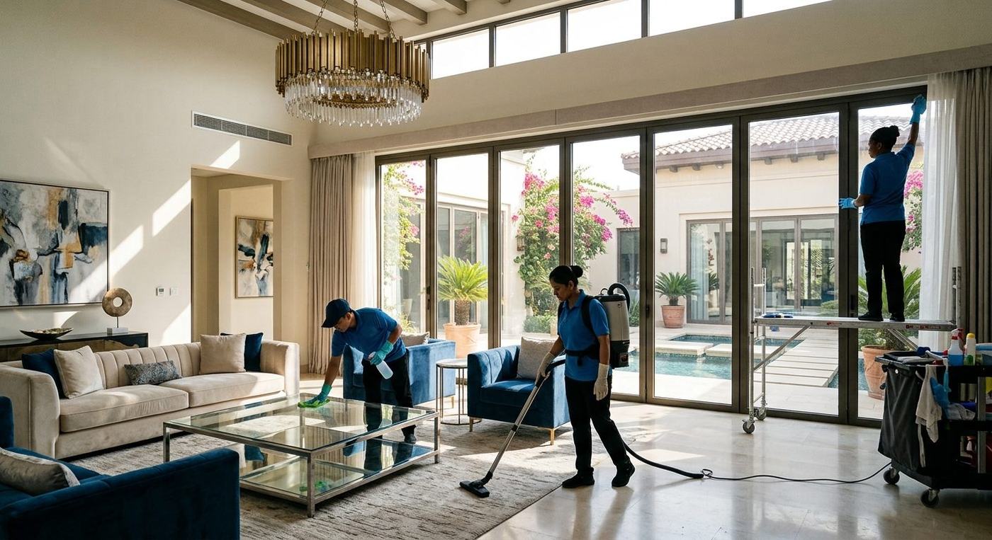 CleanSurface team cleaning the living area of a spacious Dubai villa