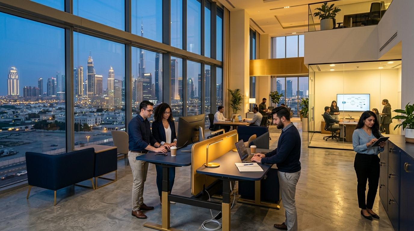 TrueStack consultants collaborating at standing desks in a Dubai office