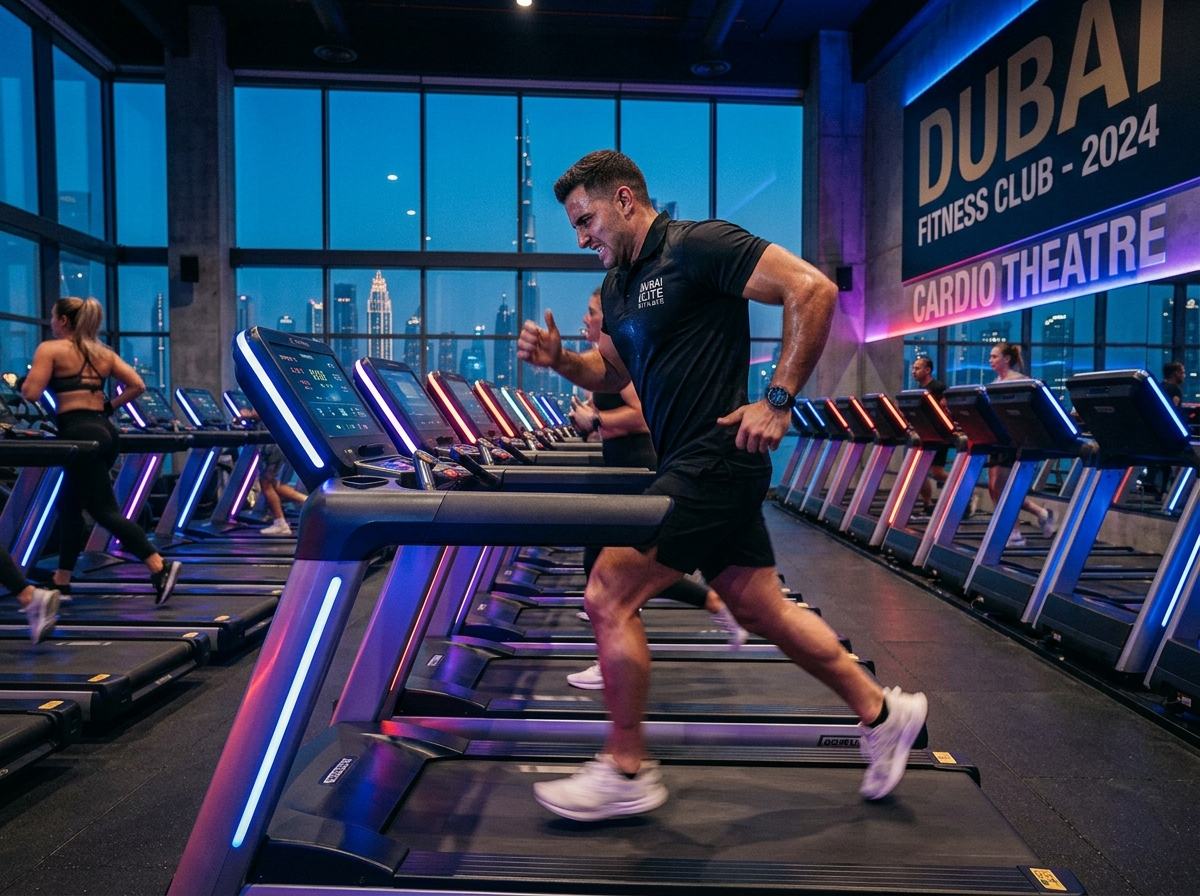 Member sprinting on a treadmill in the cardio theatre
