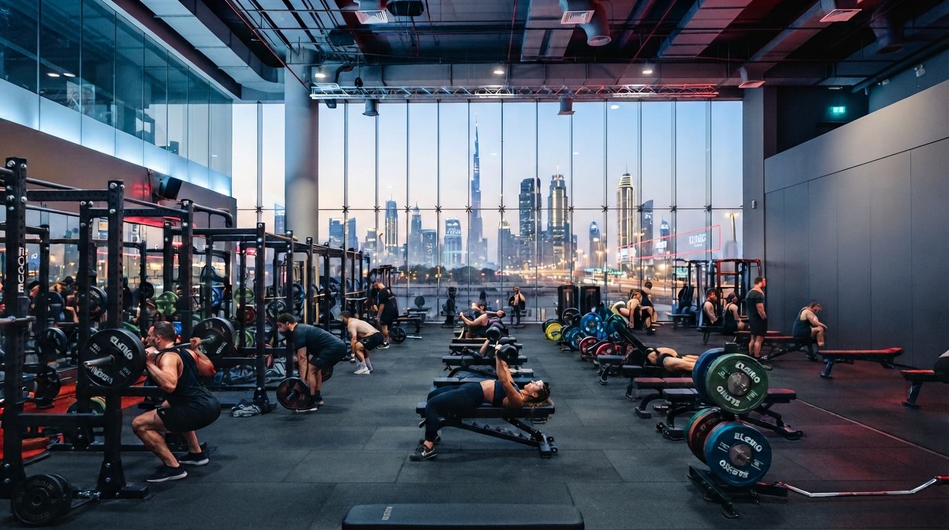 TheFit gym floor at dusk in Dubai
