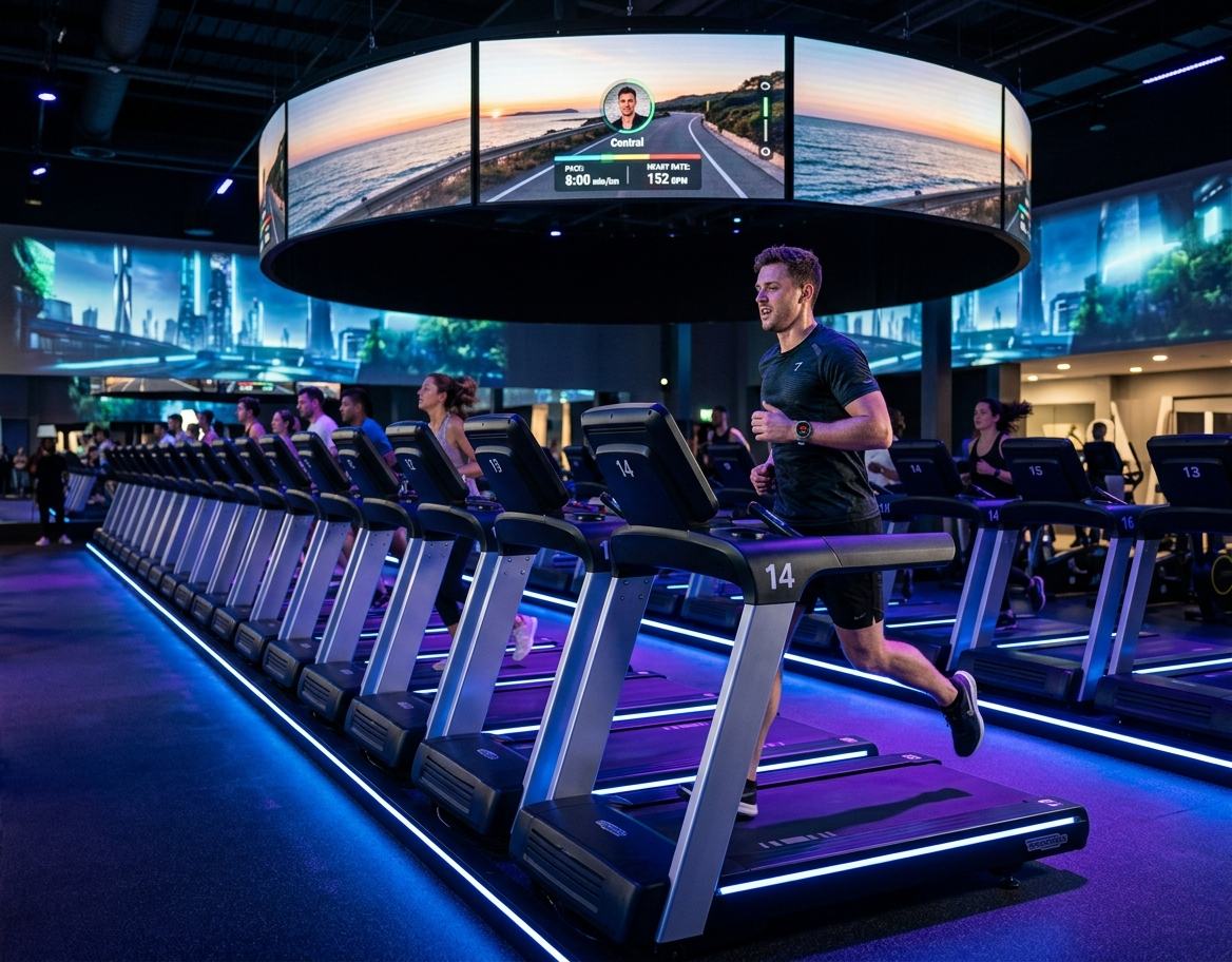 Member training on the TheFit cardio theatre treadmills