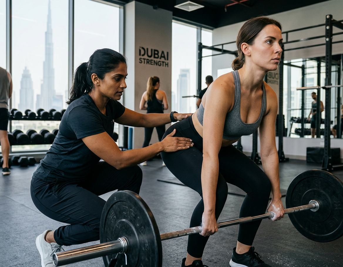 Personal trainer guiding a client's lifting technique