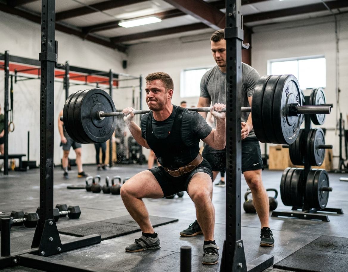 Athlete performing a heavy back squat at TheFit