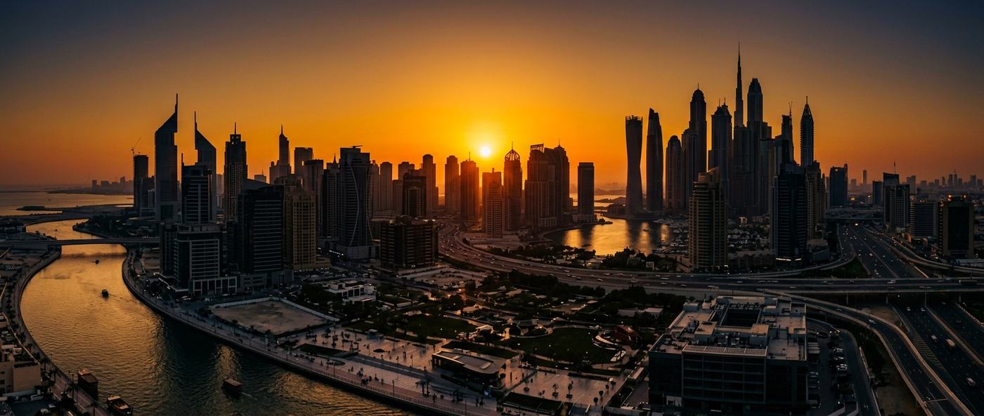 Dubai skyline at golden hour