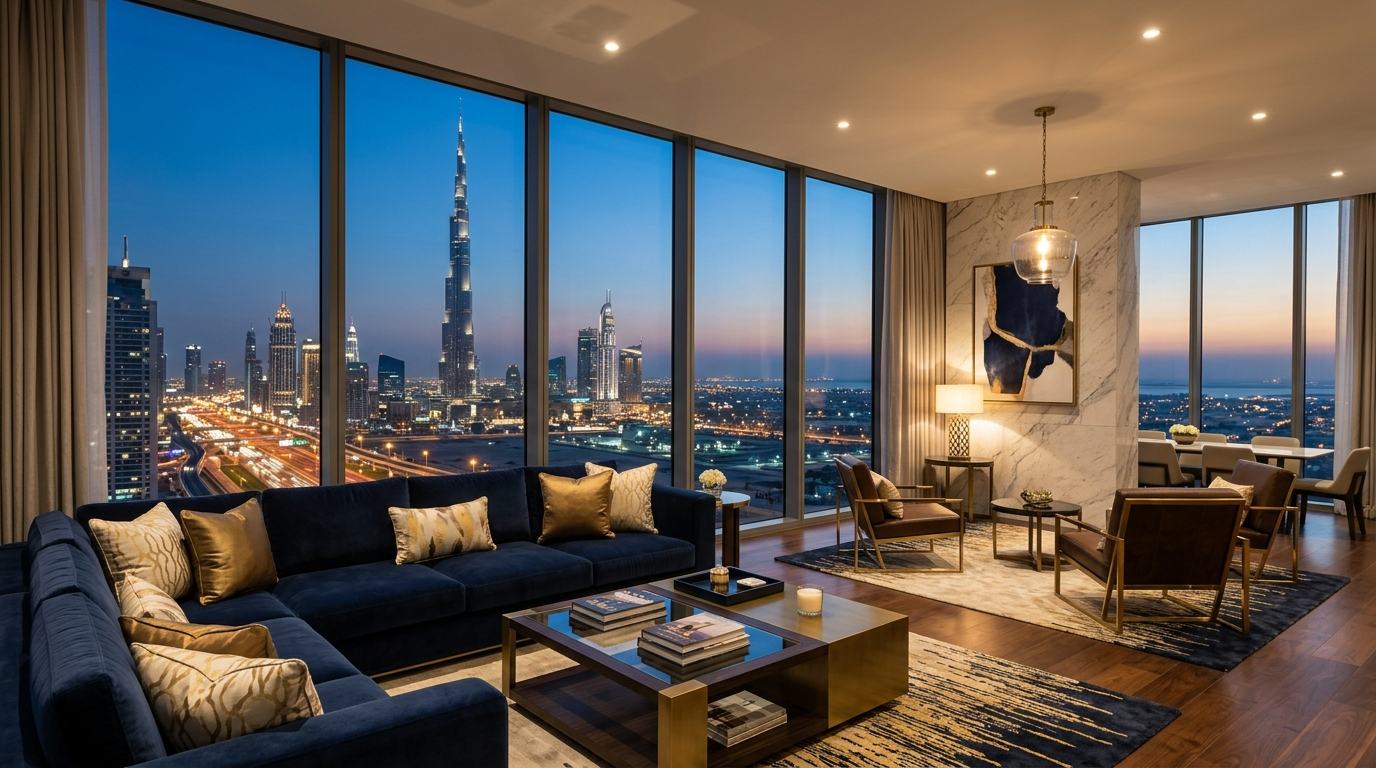 Luxury penthouse with panoramic Dubai skyline view
