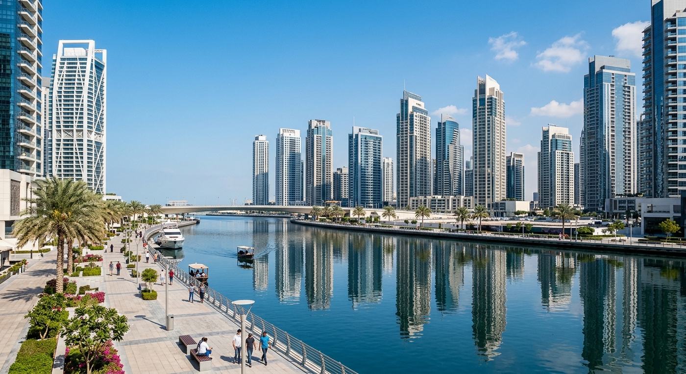 Corporate towers and canal waters of Business Bay