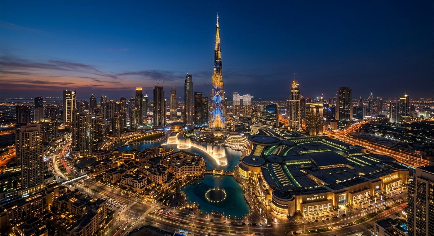 Downtown Dubai with Burj Khalifa at dusk