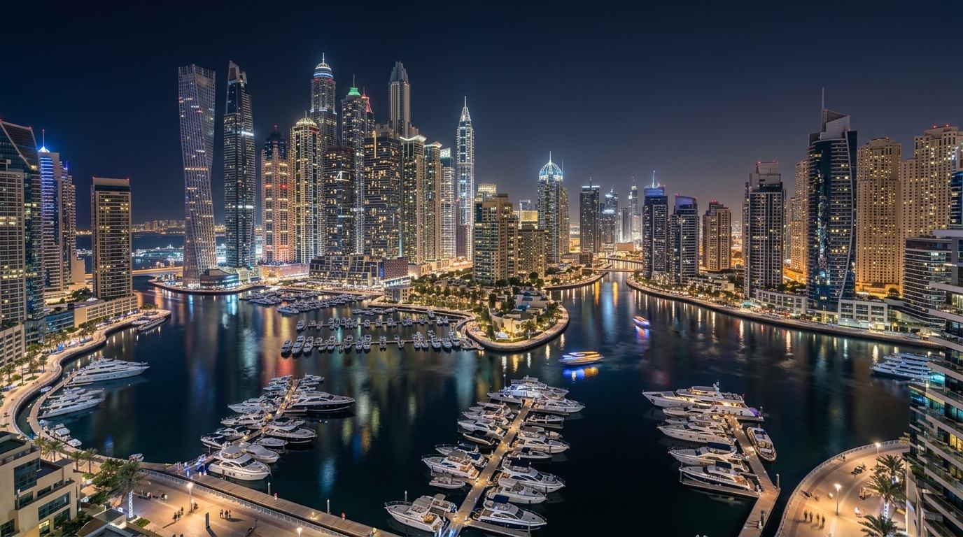 Yacht-lined waterfront of Dubai Marina at night