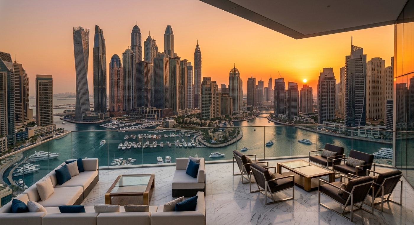 Sky penthouse terrace overlooking Dubai Marina harbour