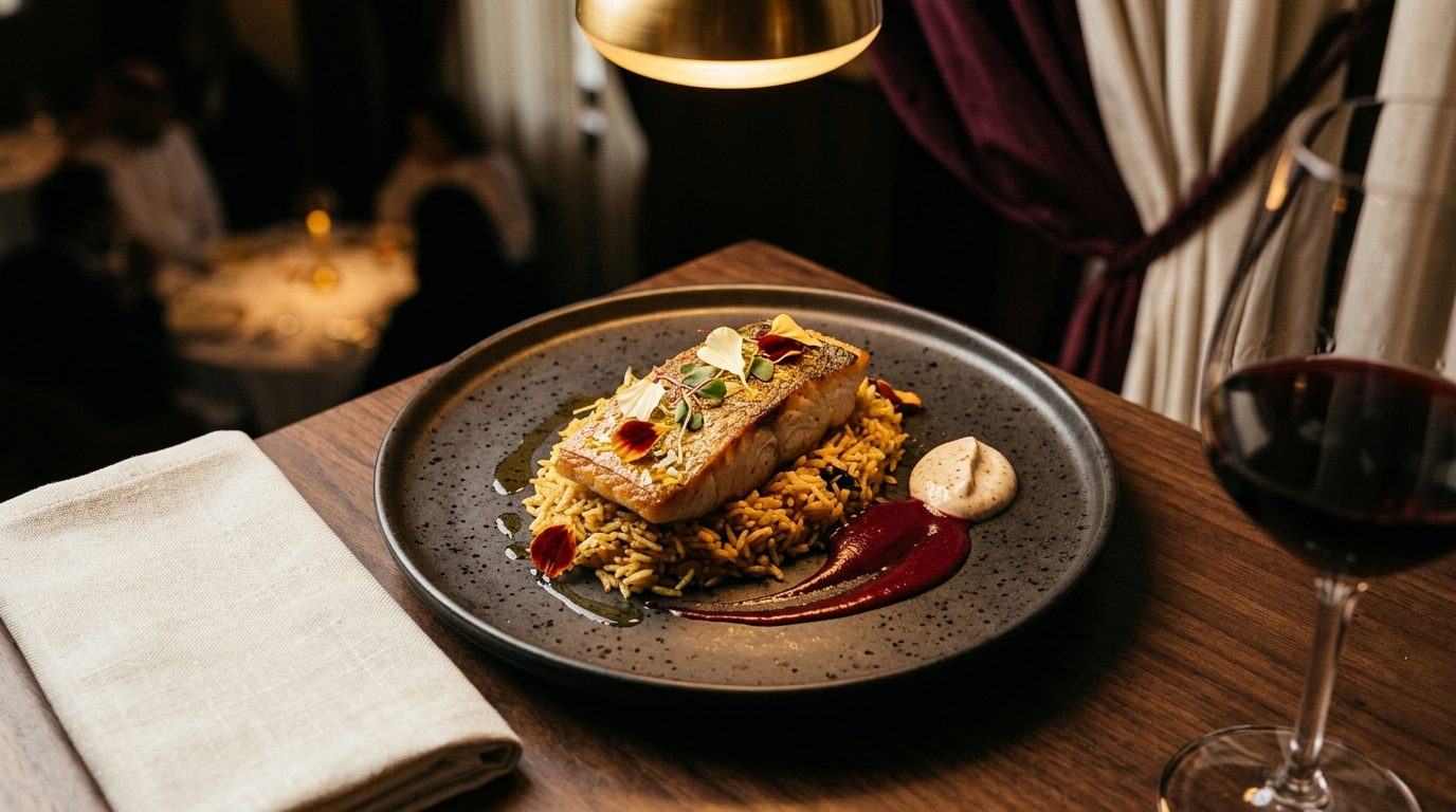 Signature plated dish at Savoré, warmly lit