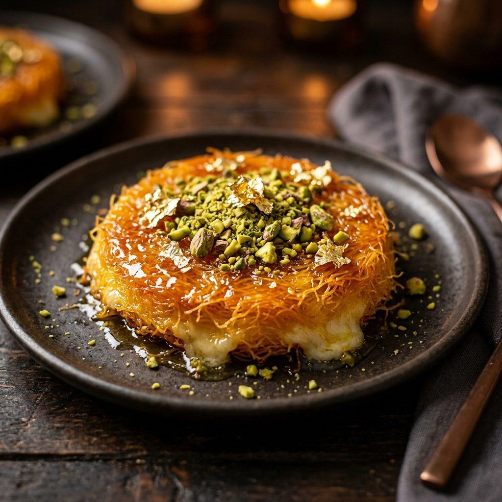 Saffron Kunafa dessert with pistachio and gold leaf