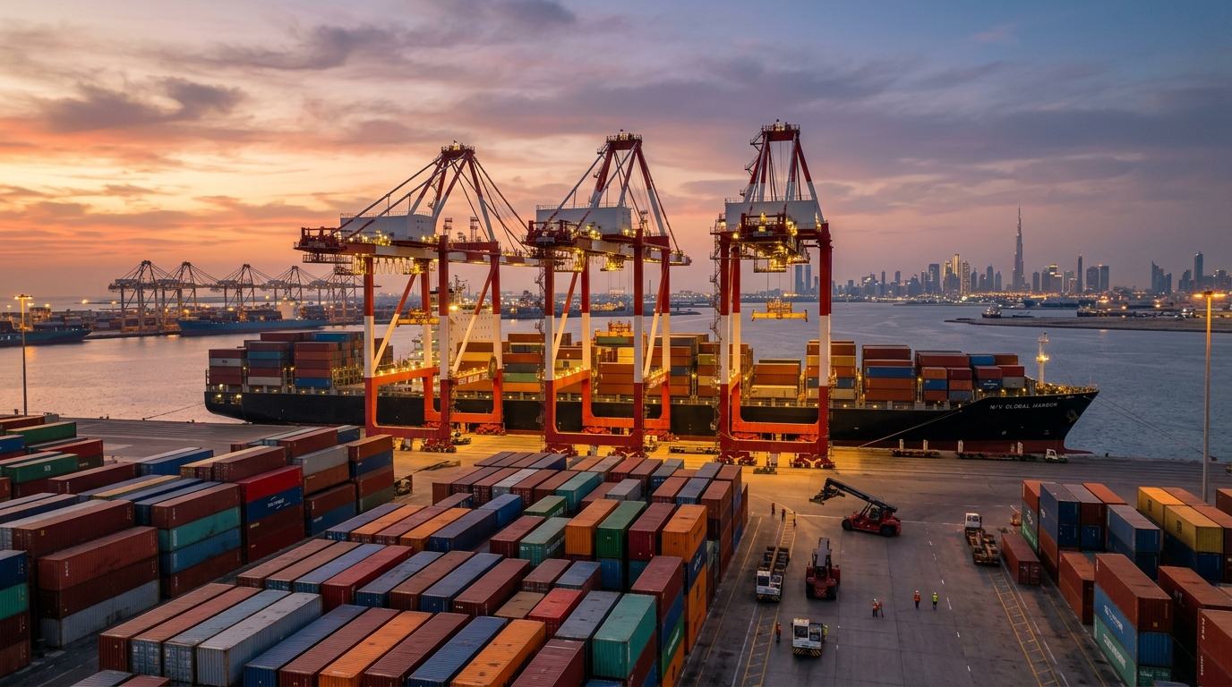 Container port and cargo vessel at Jebel Ali, Dubai