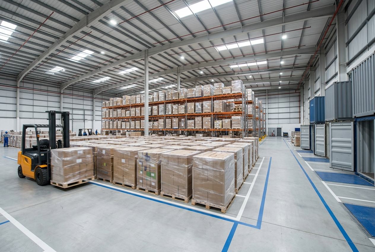 Palletised goods and shipping containers ready for dispatch