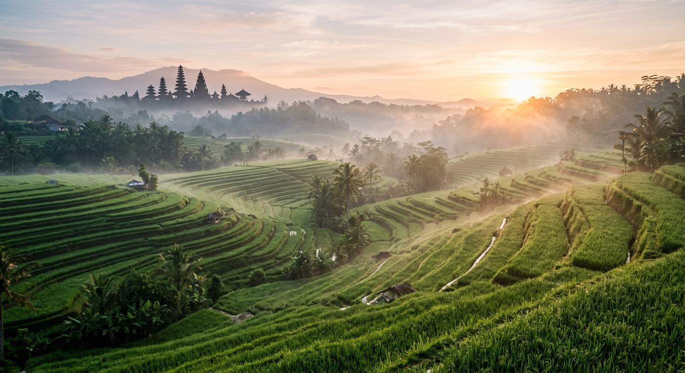 Rice terraces and temple silhouettes in Bali at dawn