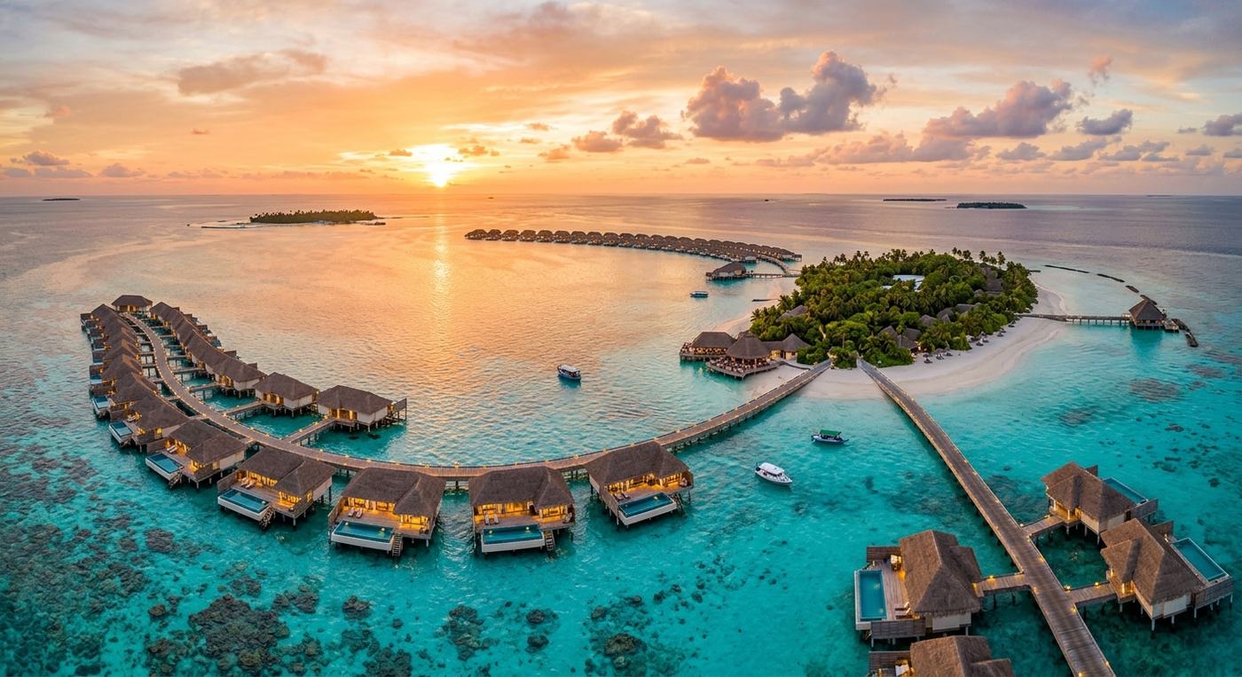 Overwater villas above a turquoise lagoon in the Maldives