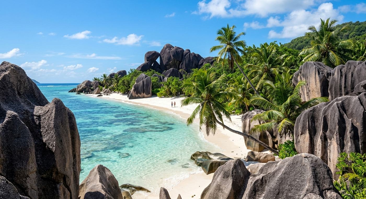 Granite boulders and white sand beach in the Seychelles