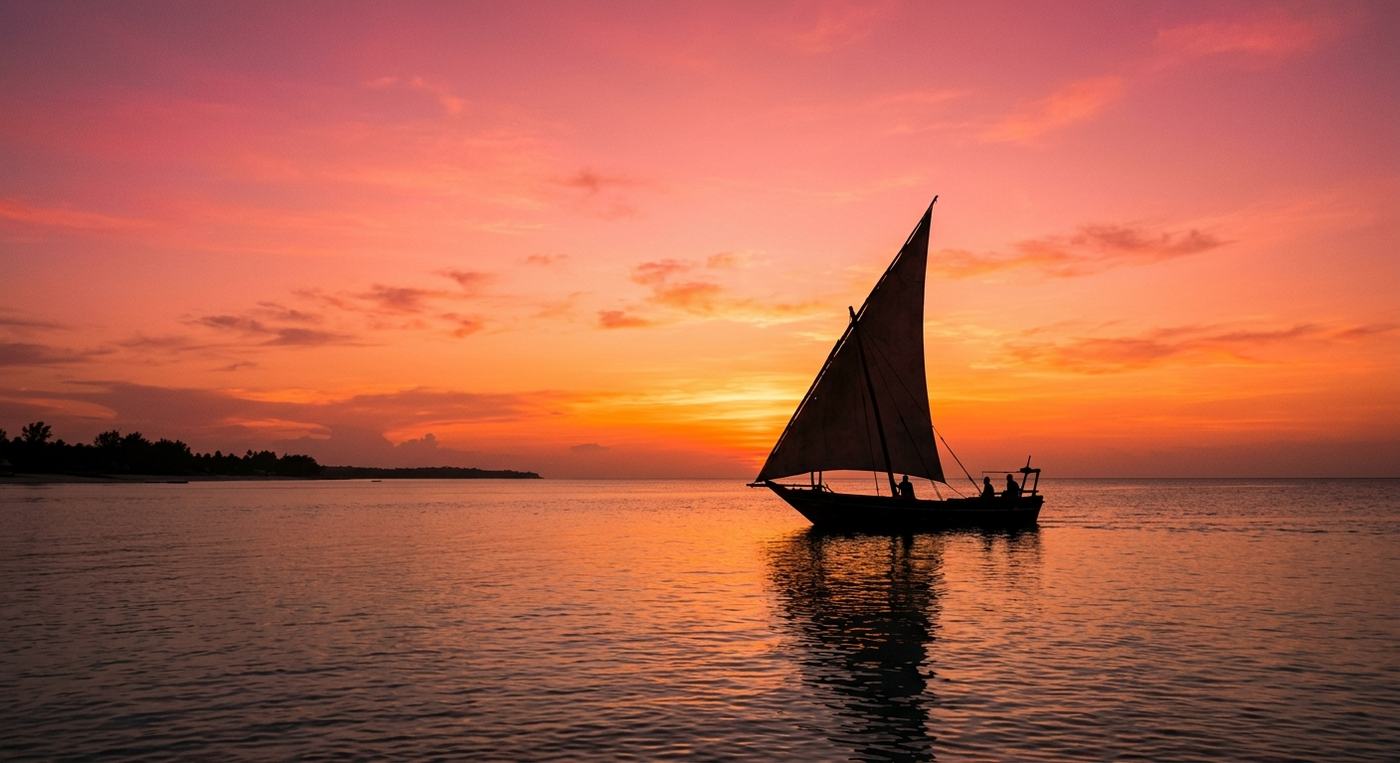 Sunset dhow silhouette off the coast of Zanzibar